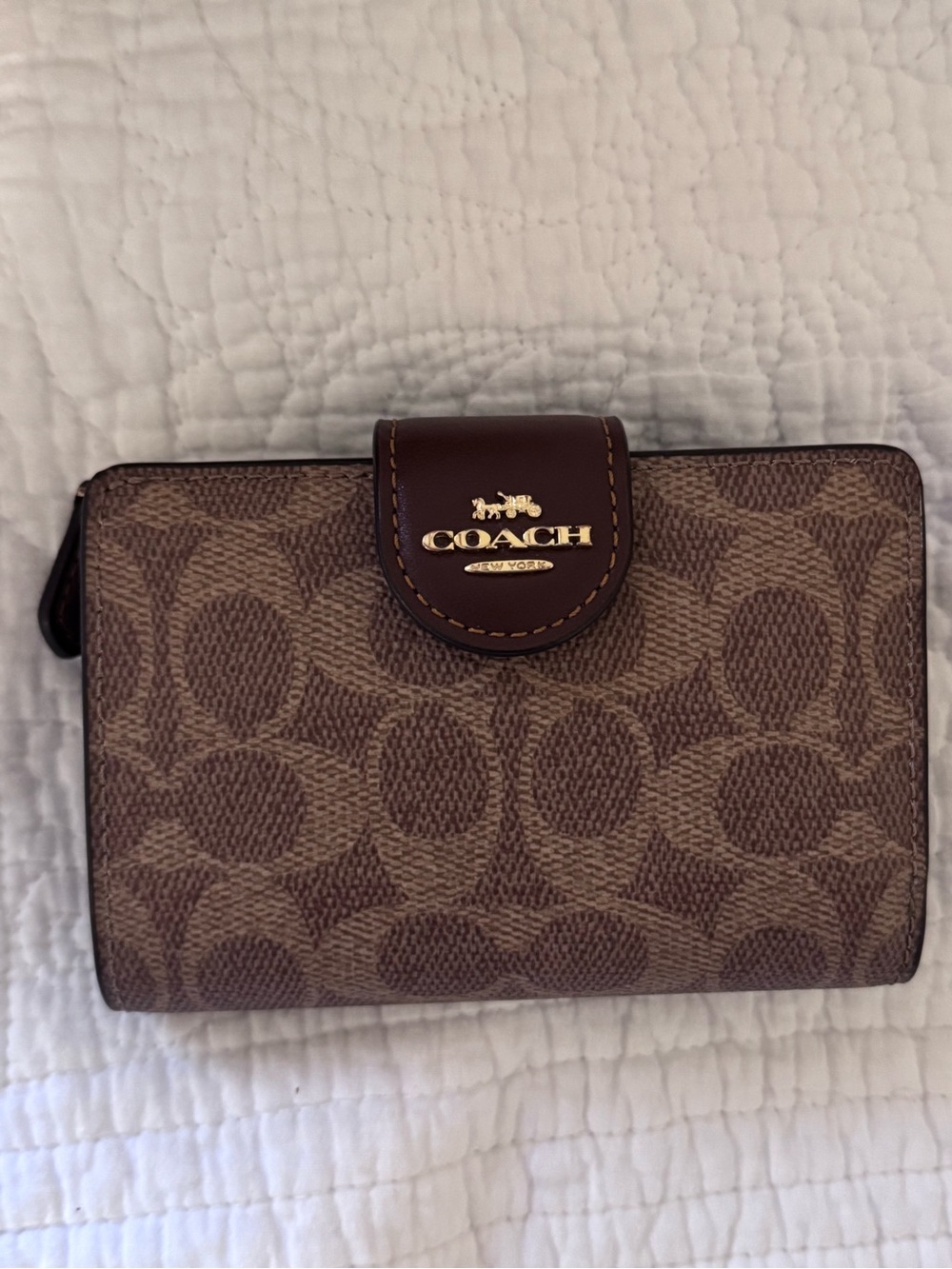 Coach Brown Signature Canvas Zip Wallet with Dark Brown Trim